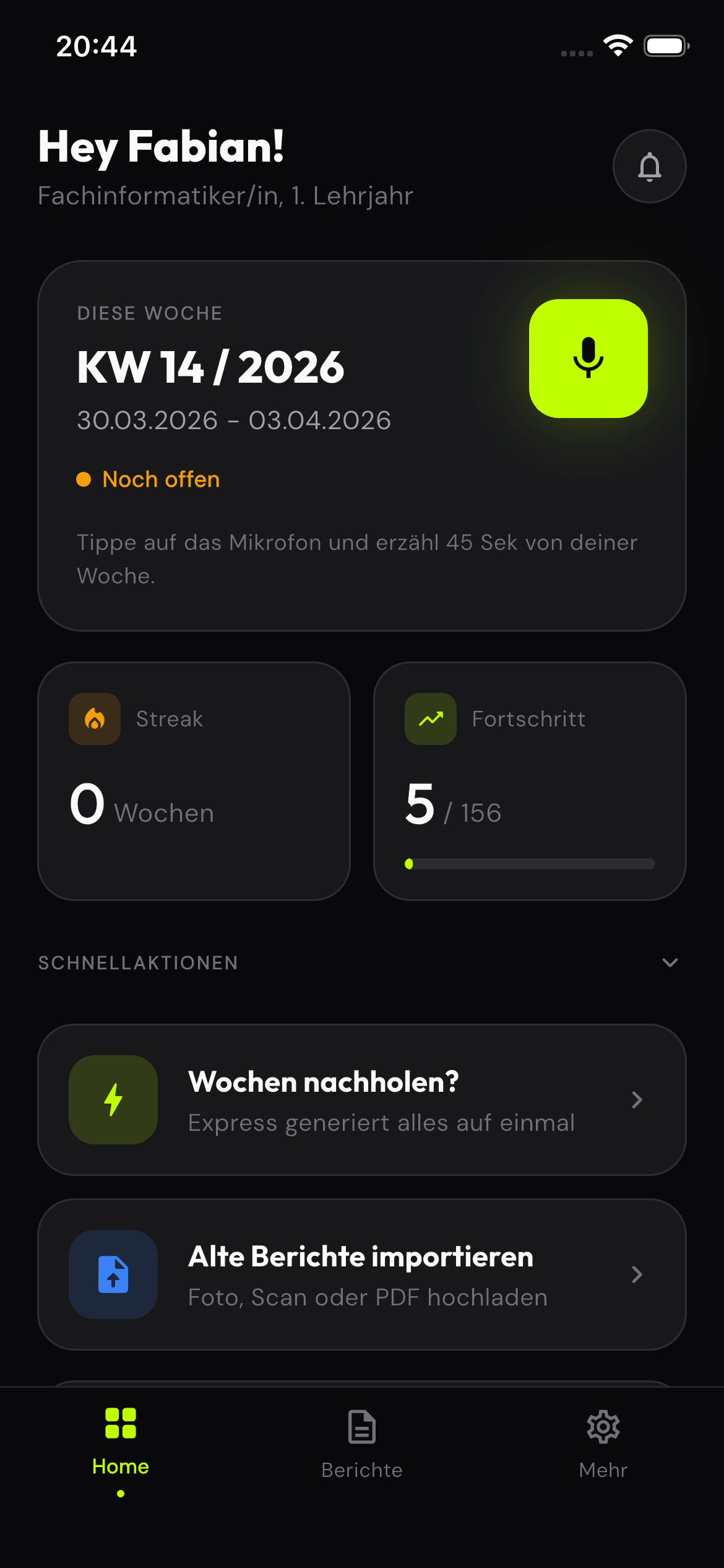 KI-Heft App: Dashboard